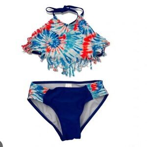 Cat & Jack Girls Blue Tie Dye Fringe Halter Neck 2 Piece Swimsuit Size 7-8 M